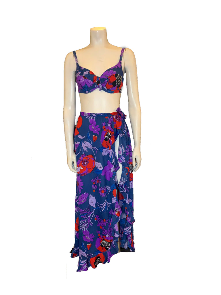 blue and red floral bikini top & wrap skirt