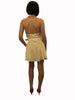 White, cotton, halter-neck, collared, belted sundress with full skirt. Above the knee length. 
