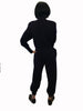 Cotton, fleece-lined, purple, sweatshirt-jumpsuit with snap-front, elasticized-waist, and ribbed cuffs & ankles.