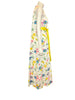 White and multicolor floral maxi dress with yellow belt.