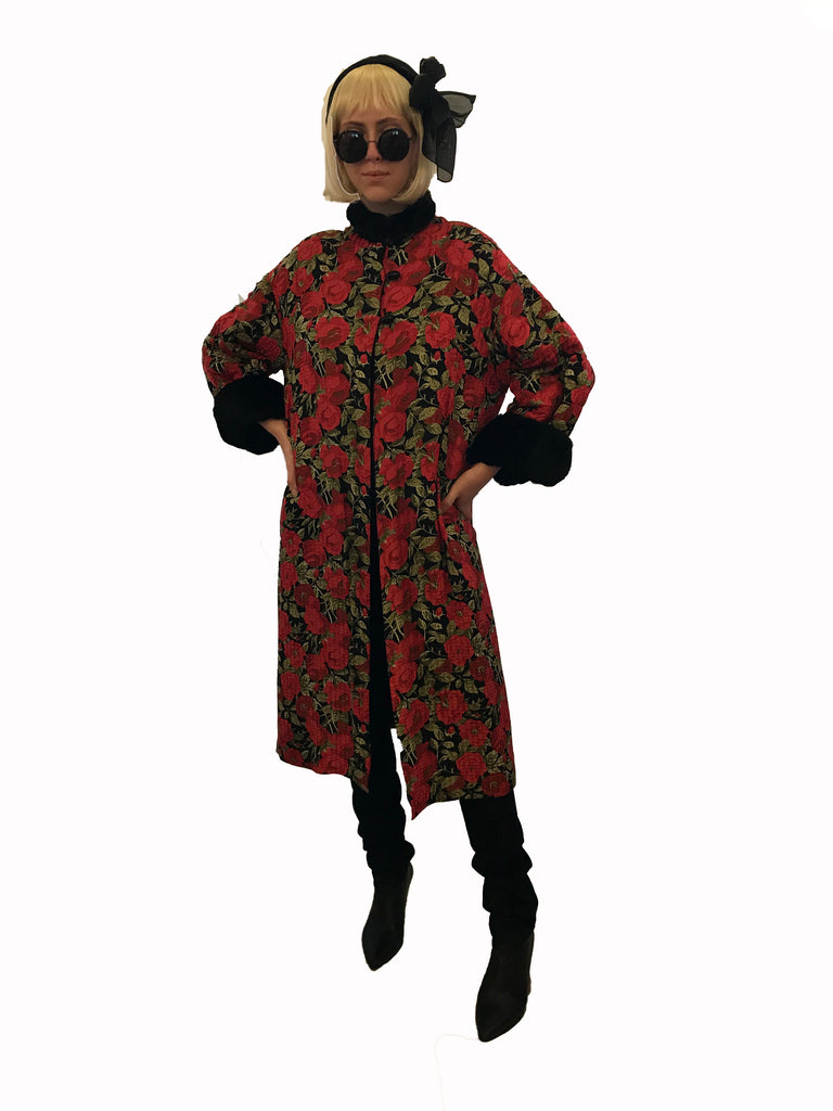 rose printed quilted silk coat with black fur at cuffs and neck and frog front closure