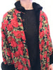 rose printed quilted silk coat with black fur at cuffs and neck and frog front closure