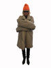 Grey, padded, oversized, sleeping-bag coat with oversized lapel. 