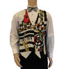 Sequin-front, snap-up vest with instrument & musical note motif. Black, white, gold, and red. 