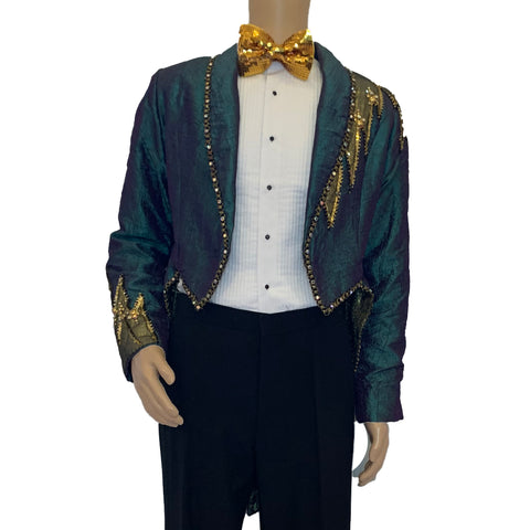 Teal tailcoat with lightning bolts in sequins, studs, and rhinestones on one shoulder & cuff.