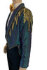 Teal tailcoat with lightning bolts in sequins, studs, and rhinestones on one shoulder & cuff.