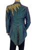 Teal tailcoat with lightning bolts in sequins, studs, and rhinestones on one shoulder & cuff.