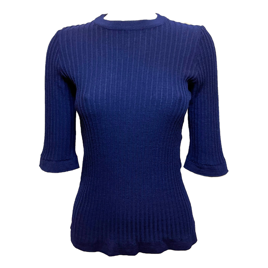 navy blue ribbed sweater. 