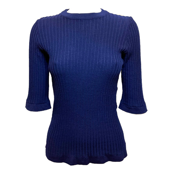navy blue ribbed sweater.