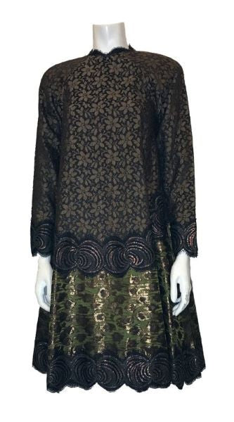 long-sleeve, tent-style, knee-length dress with a combination of lace & leopard-print jacquard in greens, brown and gold.