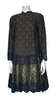 long-sleeve, tent-style, knee-length dress with a combination of lace & leopard-print jacquard in greens, brown and gold.