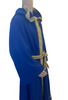 Costume wizard robe in blue with gold trim and hood. Gold fabric belt with tassels at waist. Comes with pointed hat with tassel . Both pieces are adorned with cutout appliques of moons and stars.