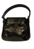 Black, leather, faux-crocodile patterned bag with strap. 