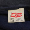 View of Hanes Sport tag-60's navy blue greek letter patch short sleeve polo
