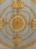 Silk square scarf with a pastel pink, green and blue Rococo pattern with gold filigree design
