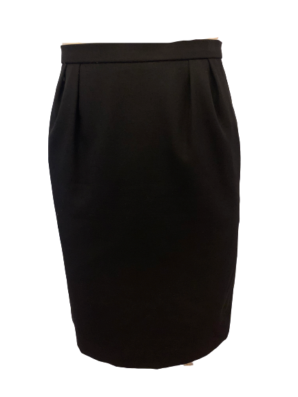 Black, fitted, high-waist, double-pleated pencil-skirt.