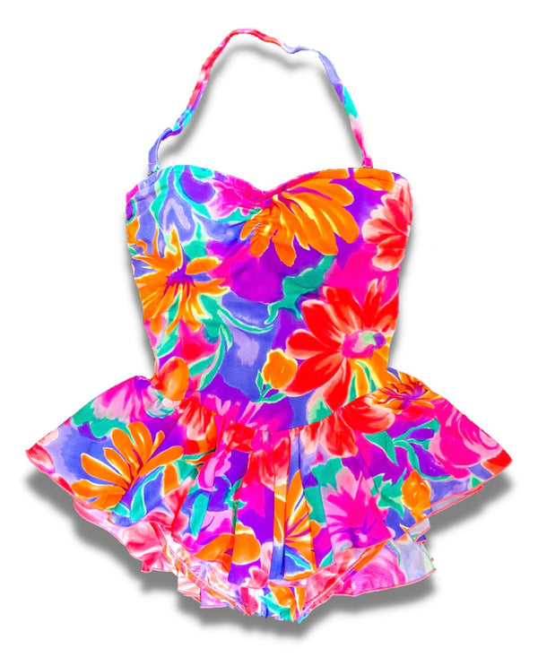 1980s one piece women's bathing suit in a bright neon floral print
