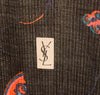 Oversized Black and metallic woven scarf with a print consisting of red and purple butterflies.