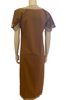 Back view of a mannequin in a brown short sleeve kaftan with white embroidery