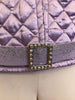 Lilac, quilted jacket with hood and purple, faux-fur trim. Rhinestone embellishments and belt. 