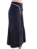 Dark gray, denim, paneled midi skirt with frayed trim.