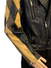 Black, zip-up leather jacket with diamond-shaped patchwork sleeves in black, brown, and tan.