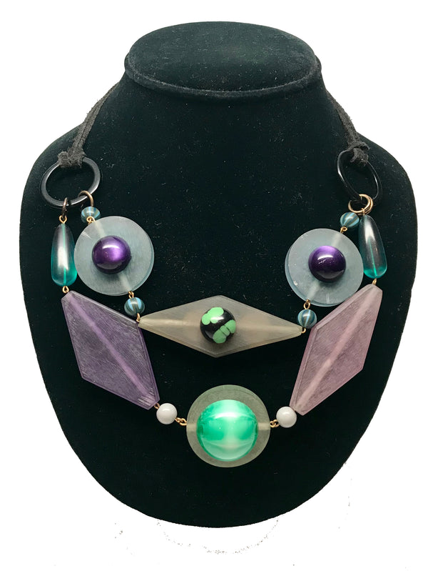 Double strand mixed media necklace with resin rhombi and beads