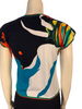 Short-sleeve, v-neck shirt with an all-over fish print in blue, green, black, white, orange, and red. 