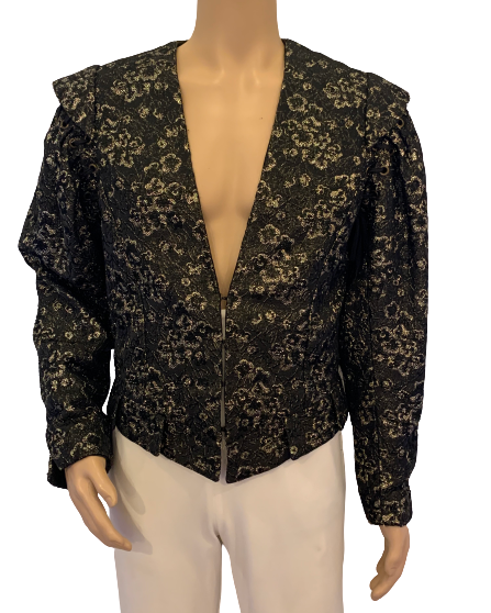 Black & silver, floral brocade, doublet jacket with lace-up, removable sleeves. 