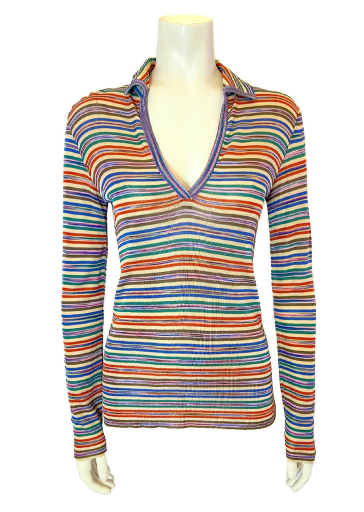 multicolor striped rib knit long sleeve shirt