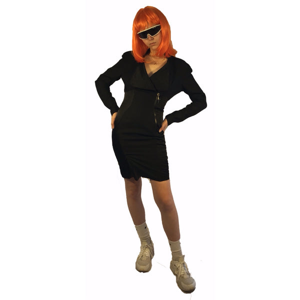 Black, long-sleeve, mini-dress with quilted panelling at the sides and collar. Asymmetrical front-zipper. 