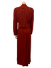 Rust color, ruched, floor-length, long-sleeve dress with loop at back of neck. 