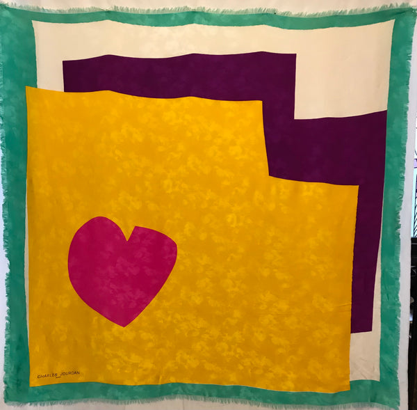 Charles Jourdan silk colorblock scarf in sea foam green, off white, and marigold with a hot pink heart