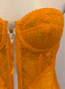 Neon orange lace bustier corset with front zipper Hip length