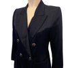 Navy blue silk blazer with notched collar and four metal buttons in blue with gold polka dots.