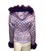 Lilac, quilted jacket with hood and purple, faux-fur trim. Rhinestone embellishments and belt. 