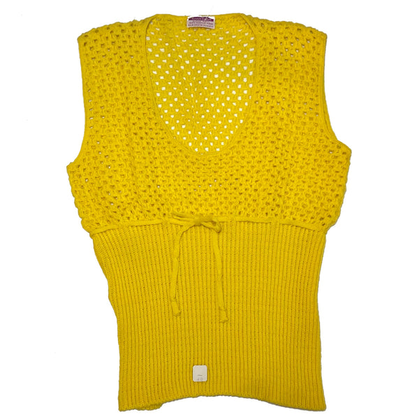 Yellow crochet knit sweater vest, front view