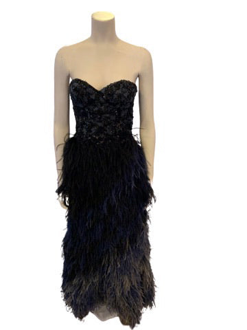 Strapless, black, evening gown. Blue & black beaded, boned, corset-top. Full-length, blue ombre, feather skirt. Back zipper. 