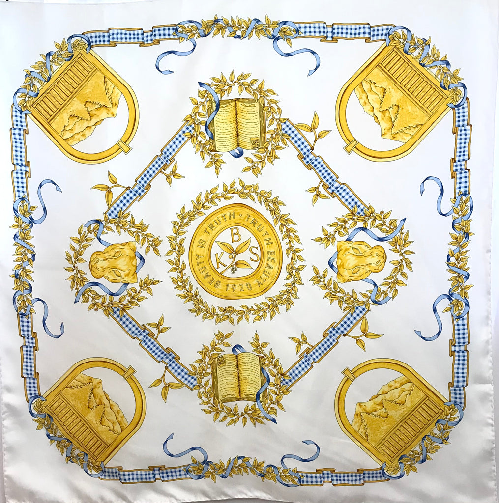Cream, blue, and gold Mulberry Silk Scarf with golden panther heads, mountains, and books 