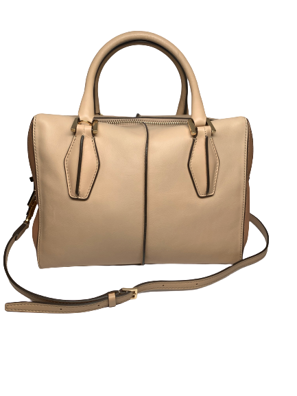 Beige, rectangular, leather handbag with gold hardware. 