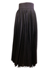 Long, high waisted full pleated skirt with side slit. Pattern is navy blue with green and white accents.