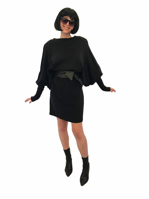 Black, stretch, dolman-sleeve, above-the-knee dress with oversized shoulder-pads. 