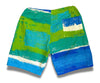 blue, green, and white paint print swim shorts