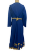 Costume wizard robe in blue with gold trim and hood. Gold fabric belt with tassels at waist. Comes with pointed hat with tassel . Both pieces are adorned with cutout appliques of moons and stars.