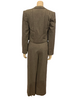 Two piece suit with pleated pants in a grey wool. Jacket has a pleated open front. Pants are full.