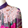 Zoomed In Right Shoulder View (Colorful Hanae Mori floral printed silk chiffon with bow collar and belt)