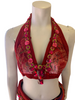 Red, tie-dye, velvet, bejewelled, two-piece set. Consists of bell-bottom pants and halter bra-top. 