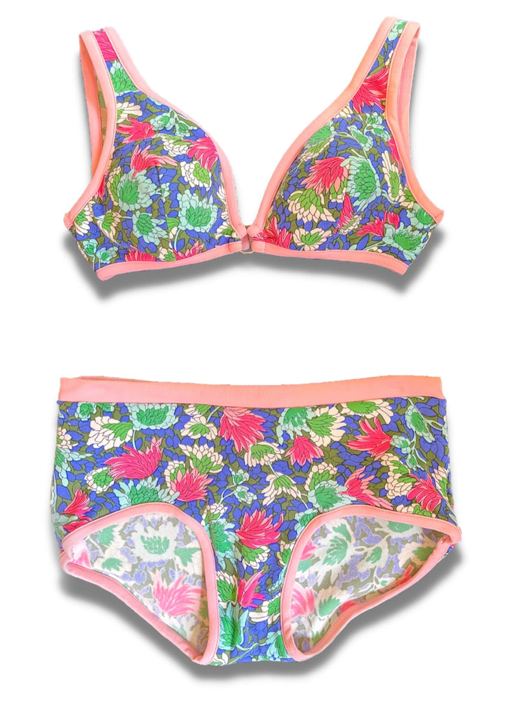 blue, pink, and green floral print bikini