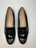 Black leather loafer with book chain leather toe. 