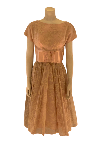 1950s Pale Pink Flocked Floral Swing Dress Screaming Mimis